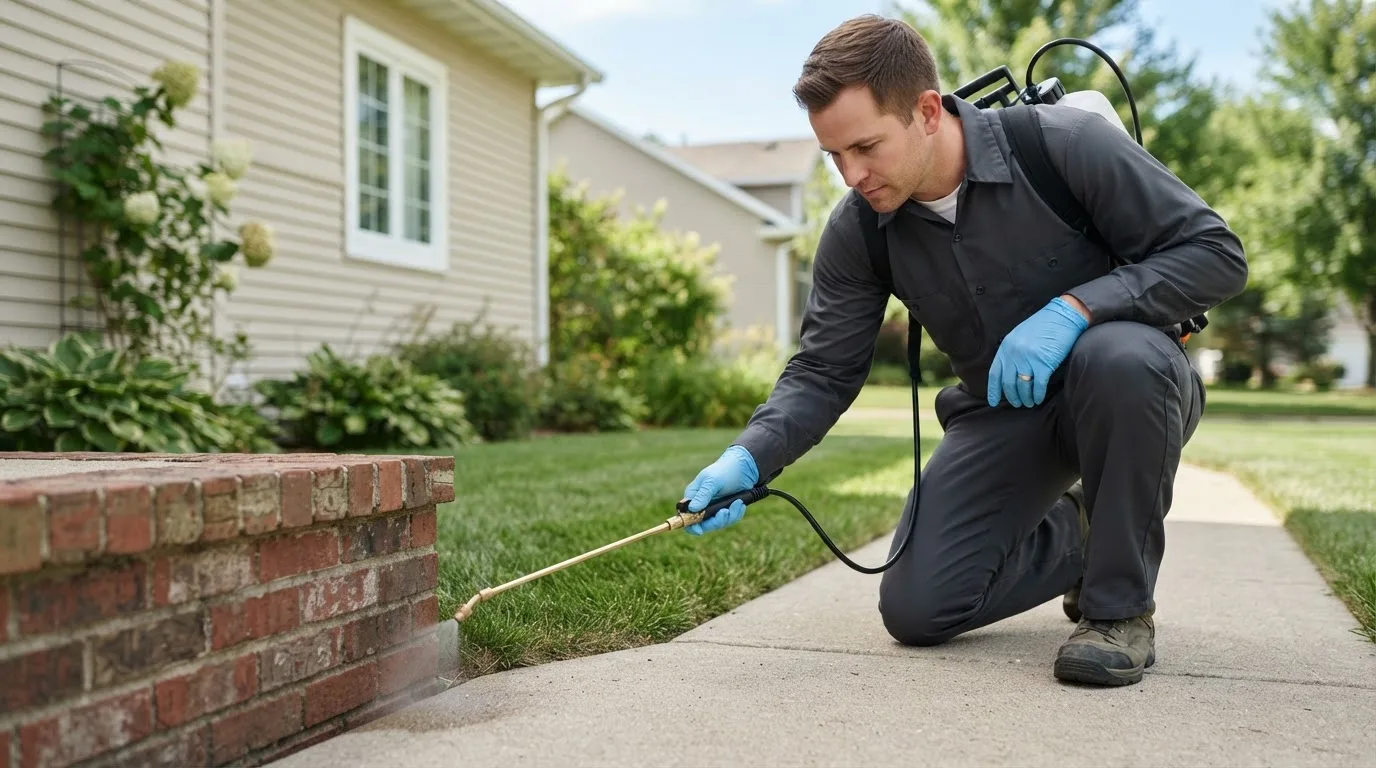 Pest control technician treating a home near Madras, OR